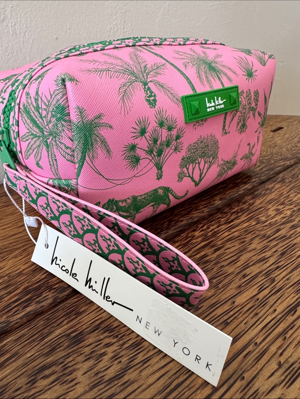 Nicole Miller Pink and Green Tropical Print Cosmetic Pouch